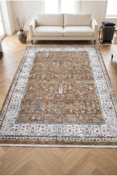 VALERİA Etnik Desen Saçaklı %100 Akrilik Salon Oturma Odası Halısı Dokuma Taban 01-20