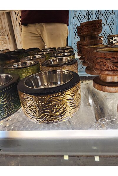 Generic Brand مبخرة خشب أسطوانية بنقوش بارزة وحوض ستانلس ستيل - مبخرة عود وبخ...
