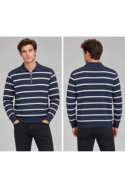 Polo Yaka Yarım Fermuarlı Çizgili Desenli Triko Sweatshirt - LACİVERT ST 508