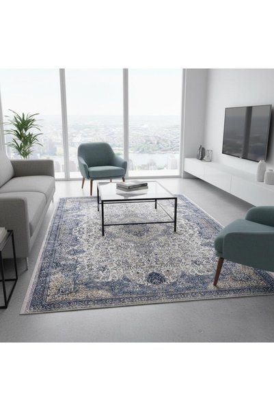 Carpettex Mavi Gri Otantik Eskitme Halı Dijital Baskılı Kaymaz Tabanlı Yıkana...