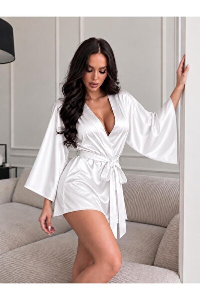 Sandrada SD Halat de damă din satin, tip kimono, cu mâneci trei sferturi, alb