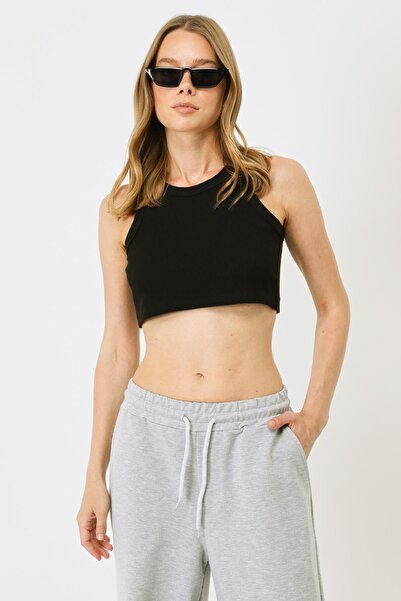 C&City Top scurt de damă, cu guler halter, reiat, elastic