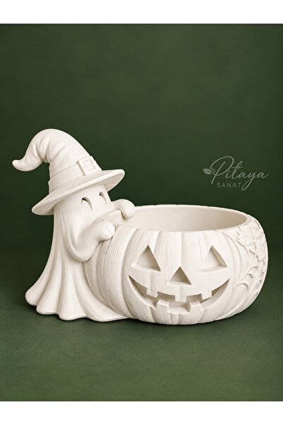 Cadı Şapkalı, Hayaletli Balkabağı Kase /Şekerli Ham Polyester (Halloween)