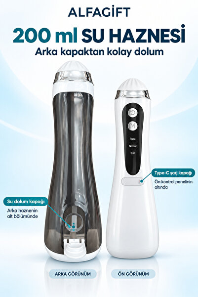 ALFAGİFT Şarjlı Kablosuz Ağız Duşu ve Diş Arası Temizleme Cihazı 200 ml 3 Modlu 4 Başlıklı Type-C Beyaz