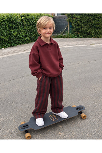Bambino Erkek Çocuk Bordo Polo Yakalı Sweatshirt ve Siyah Çizgili Geniş Paça ...