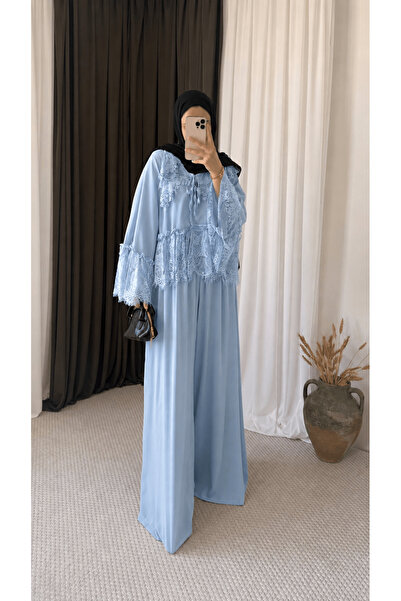 Hepsi Moda Güpür Detaylı Etek Pantolonlu Takım - 5784 - Açık Mavi