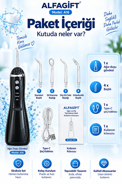 ALFAGİFT Şarjlı Kablosuz Ağız Duşu, 200 ml 4 Başlıklı 3 Modlu USB Type-C Diş Arası Temizleme Cihazı