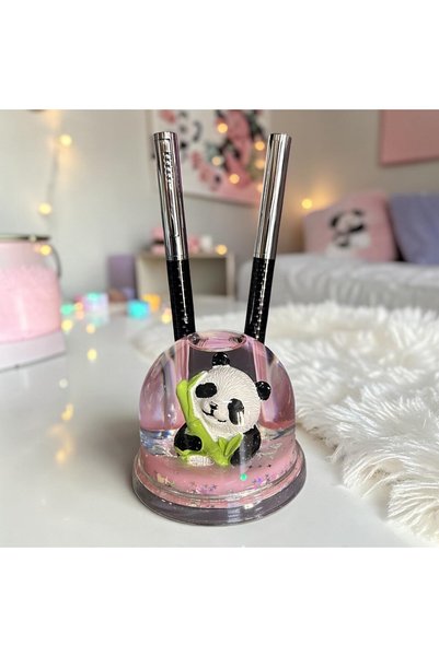 HEDİYE FİKRİ Cute Panda Water Pen Holder – Mini Snow Globe Effect Desk Decor (8 cm)