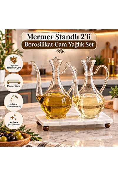 Pembelia Life Mermer Standlı 2’li Borosilikat Cam Yağlık Sirkelik Seti 750 ml...