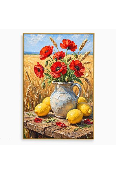 Luxcanva Tablou Canvas Vaza Cu Maci Si Lamai 50x70 cm cu Rama Auriu Maci Citr...