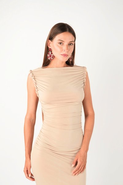 BEYBOS Buzi fabric drawstring detailed pencil dress - beige