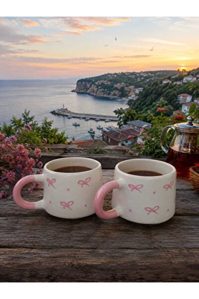 aktas seramik Pink Bow Patterned Handmade 2-Piece Ceramic Mug Gift Set