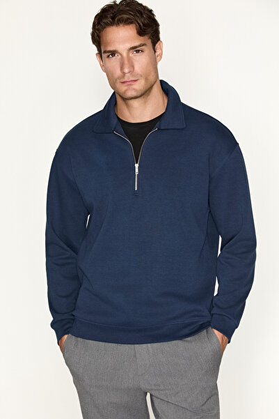 GRIMELANGE Laurent Men's Half-Zip Navy Blue Sweatshirt