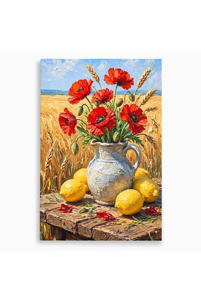 Luxcanva Tablou Canvas Vaza Cu Maci Si Lamai 40x60 cm pe Sasiu Lemn Maci Citr...