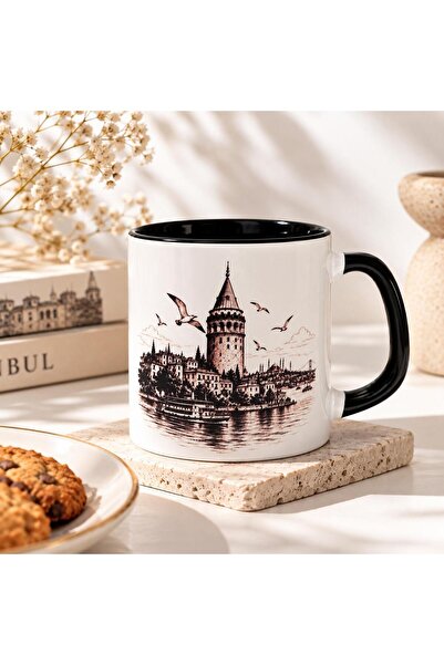 TEDİKS Galata Kulesi Desenli İç Siyah Kupa Bardak - İstanbul Manzaralı Martı ...