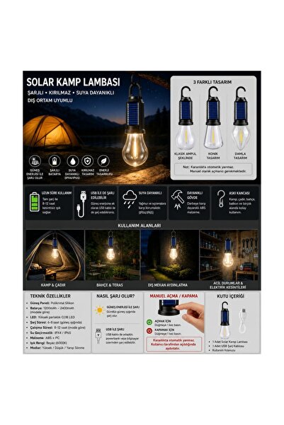 Winnboss WN3025 T01 Solar Kamp Lambası LED Fener Taşınabilir Şarjlı Kamp Feneri