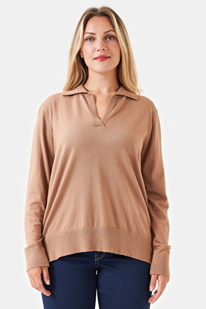 TOLGA SARAÇOĞLU 10829TS Tricotaj moale cu guler polo, culoare camel