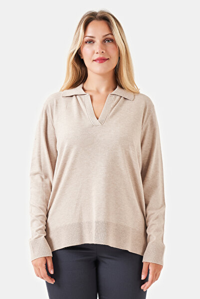 TOLGA SARAÇOĞLU 10829Ts Beige Soft Knitted Polo Collar Tricot