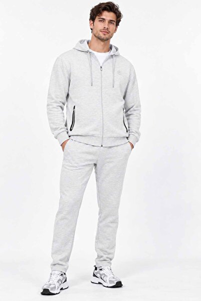 lumberjack Men's Light Gray Tracksuit Set – Hooded Zip-Up Top and Jogger Bott...