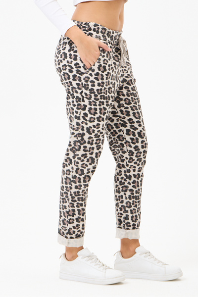 della moor Women's Beige Italian Leopard Pattern Waist Tie Lycra Pants Size 38 - 46