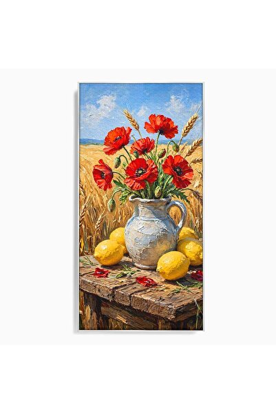Luxcanva Tablou Canvas Vaza Cu Maci Si Lamai 60x120 cm cu Rama Argintiu Maci ...