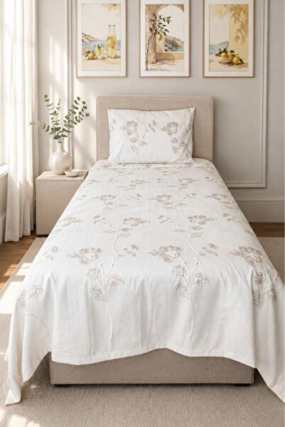 Çeyiz Diyarı Santape Embroidered Chenille 2-Piece Single Bedspread Beige