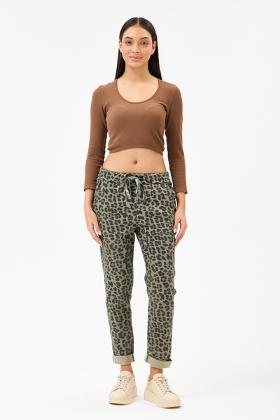della moor Women's Khaki Italian Leopard Pattern Waist Tie Lycra Pants Size 38 - 46