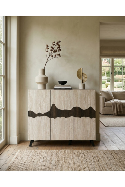 PLUS 22 Modern 3-Door Shoe Cabinet with Embossed Detailing and Wave-Shaped De...