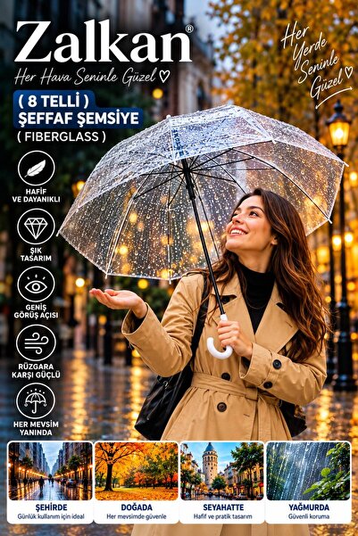 ZALKAN Şeffaf Şemsiye 90 cm 8 Telli Fiberglass İskelet PVC Kumaş Baston Saplı