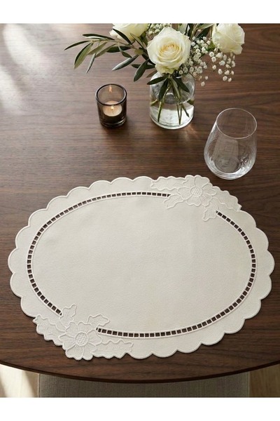 Denef Home Oval Güllü - Deri Delik İşi Amerikan Servis Bej - 35x50 cm 1 Adet