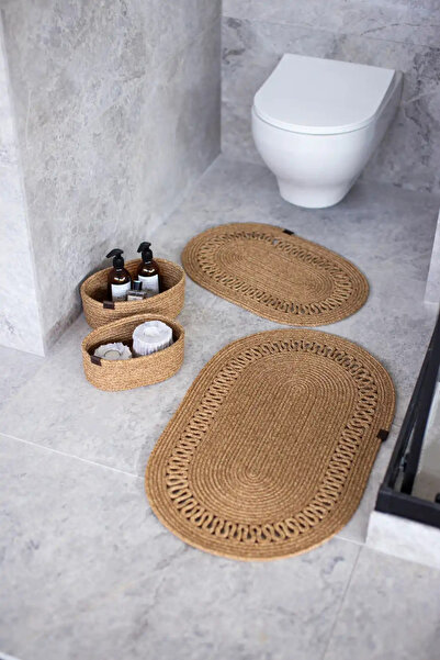 4 Parça Jüt Hasır Görünümlü Desenli Banyo Paspas Seti – Oval Sepet – Lüks Banyo Takımı – 14 Renk