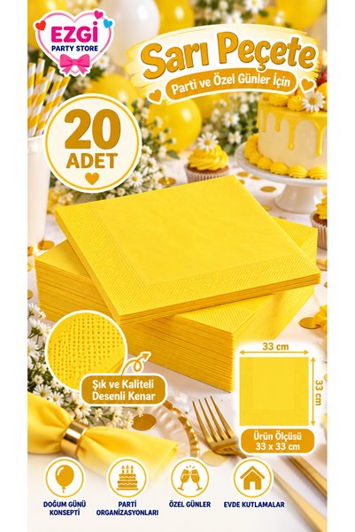 Ezgi Party Store 20 Adet Sarı Peçete 33x33 cm Doğum Günü Konsepti Parti Sofra...