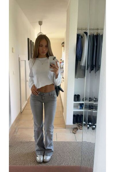 Messy Girls Düşük Bel İspanyol Paça Leopar Desenli Bol Paça Kot Pantolon