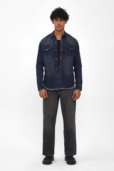 Denim Date Erkek Lacivert İndigo Püsküllü Cepli Denim Jean Kot Gömlek Ceket