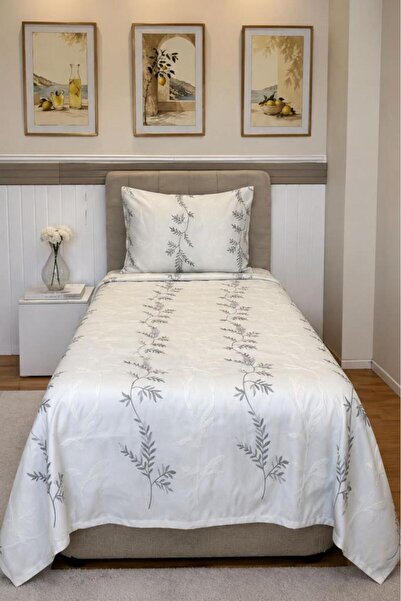 Çeyiz Diyarı Lavita Embroidered Chenille 2-Piece Single Pique Set Gray