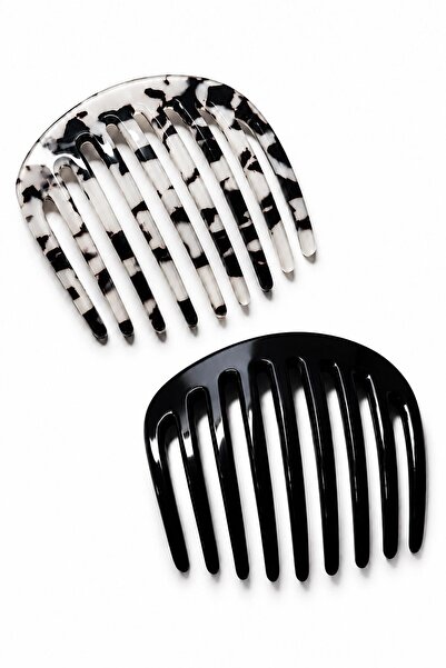 New Obsessions 2 Pieces White-Black Tortoiseshell Ellipse French Bone Comb Clasp