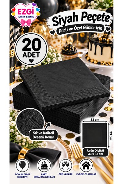 Ezgi Party Store 20 crnih salveta, 33x33 cm, za rođendanske tematske zabave, ...