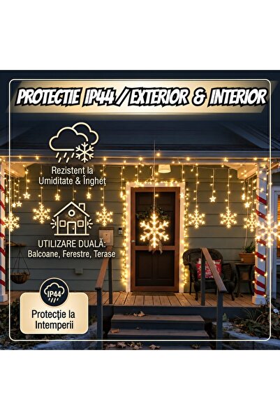 Infiniteea ™️   Lumini LED tip perdea de Crăciun, 3m x 1m, Decor festiv cu fulgi de zăpadă și stele, 8 moduri de iluminare, Alimentare USB 5V, Cablu transparent, Protecție IP44, Pentru interior/exterior, Decorativ pentru fereastră, Ba