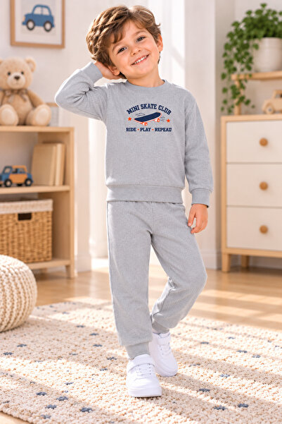 SERPİL Boys' 2-Piece Tracksuit Set Gray Mini Skate Club Printed Sweatshirt Tr...