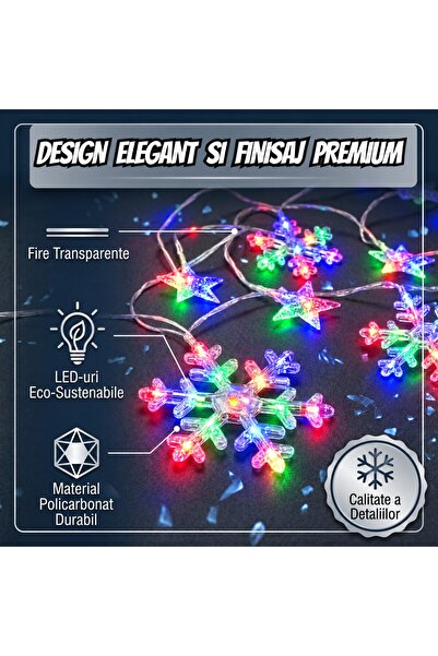 Infiniteea ™️   Lumini LED de Crăciun tip perdea, 3m x 1m, Decor festiv cu fulgi de zăpadă și stele, 8 moduri de iluminare, Alimentare USB 5V, Cablu transparent, Protecție IP44 pentru interior/exterior, Decorativ pentru vânt.