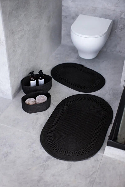 4 Parça Jüt Hasır Görünümlü Desenli Banyo Paspas Seti – Oval Sepet – Lüks Banyo Takımı – 14 Renk