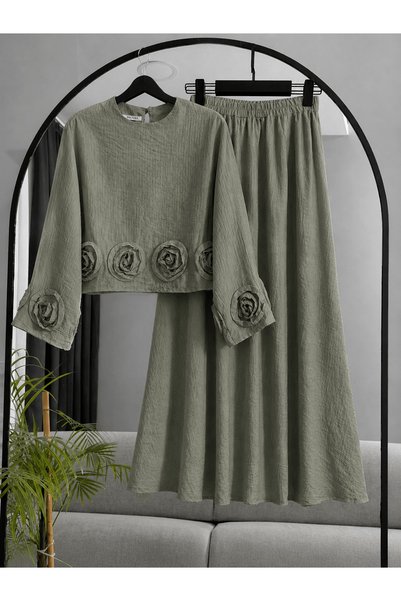 Hepsi Moda Rose Detailed Skirt Suit - 1387 - Green