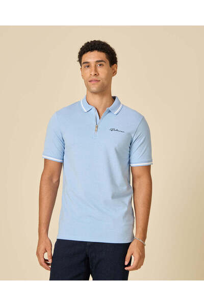 REDTAG Men Blue Zip Neck Polo Shirt