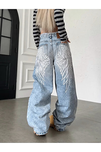 DEEFWEAR Melek Kanatlı Tasarım Unisex Retro Jean Pantolon