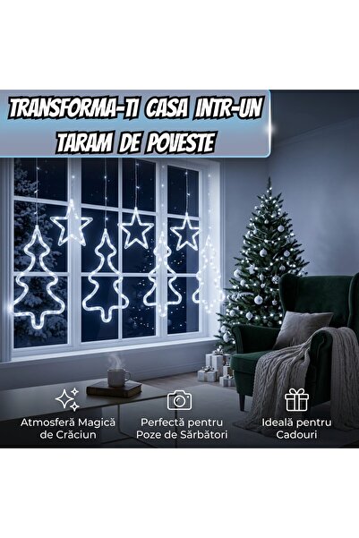 Infiniteea Lumini LED tip perdea de Crăciun cu brazi și stele Infiniteea ™️ Forme 3D, 8 moduri de iluminare, Interconectabile, Rezistente la îngheț IP44, Cablu transparent, Pentru interior și exterior, Efect decorativ spectaculos