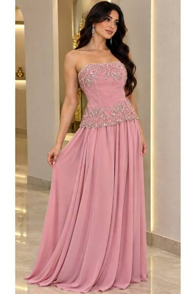 Olivia Style فستان سهرة وردي ماكسي بقصة كورسيه وتطريز دانتيل لامع بدون أكمام