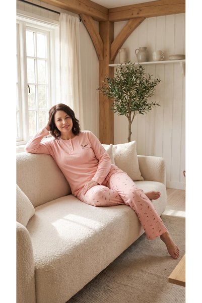 Eyfuze Women's Winter Plus Size Curve Embroidered Patterned Collar Buttoned Long Sleeve Pajama Set