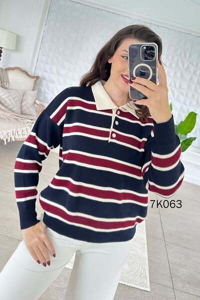 İnce Topuk Thick Striped Polo Collar Knitwear Blouse 7K063