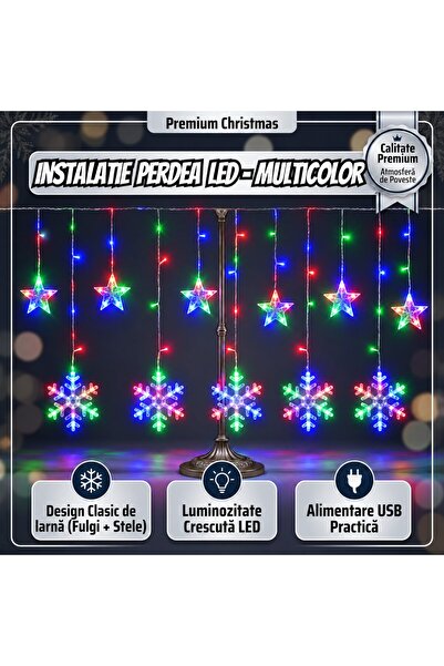 Infiniteea ™️   Lumini LED de Crăciun tip perdea, 3m x 1m, Decor festiv cu fulgi de zăpadă și stele, 8 moduri de iluminare, Alimentare USB 5V, Cablu transparent, Protecție IP44 pentru interior/exterior, Decorativ pentru vânt.