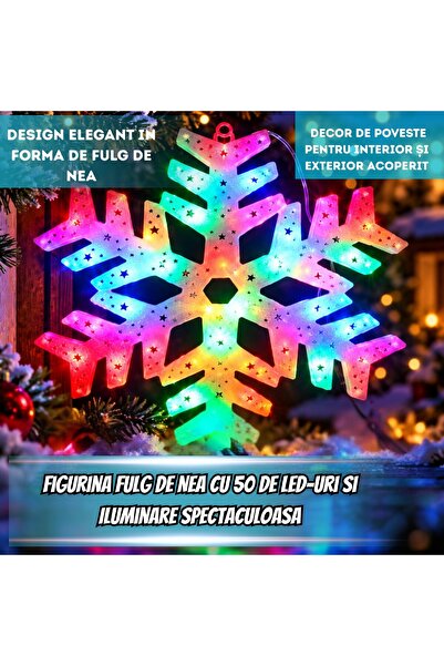 Infiniteea ™   Decorațiune luminoasă de Crăciun, figurină fulg de nea cu 50 de LED-uri multicolore, 8 moduri dinamice de iluminare festivă, alimentare sigură prin priză, ornament magic pentru fereastră, perete și living.